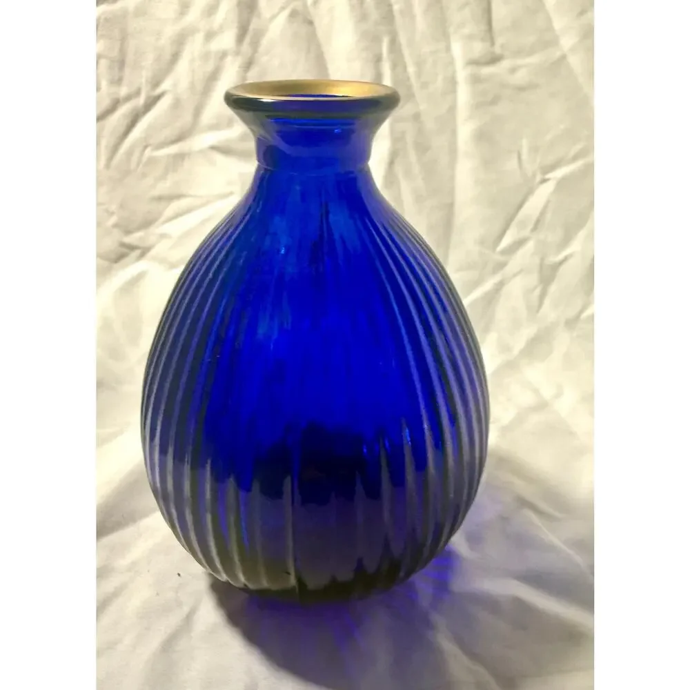 Vintage Cobalt Blue Ribbed Glass Vase | Gold Rim Art Deco Globe